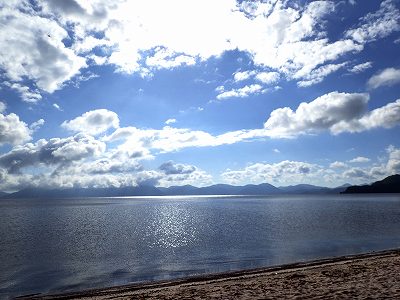 Lake Inawashiro in front of Sakka-hama campsite